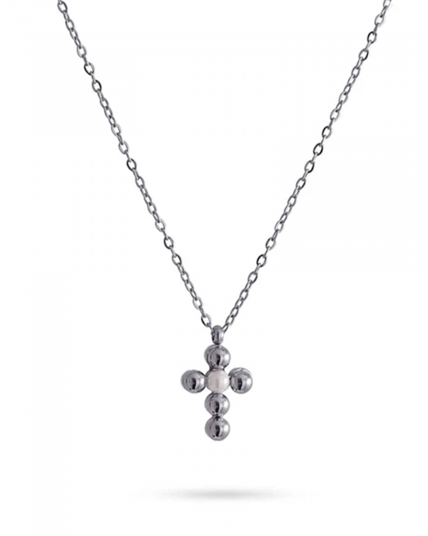 Collar Cruz Uni Perla Acero