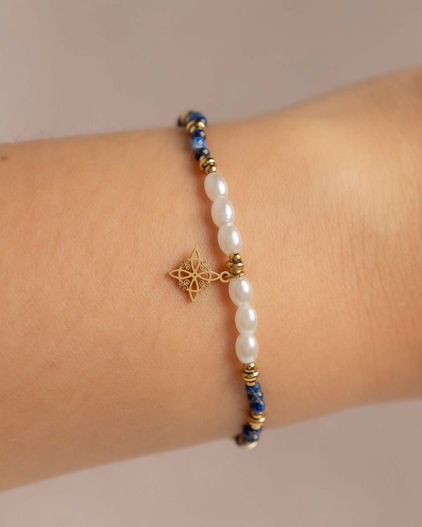 Pulsera Perlas Lapislazuli Nudo Bruja Gold