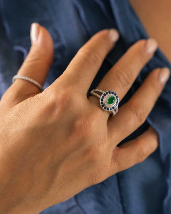 Anillo Córdoba Zafiro y Esmeralda Plata