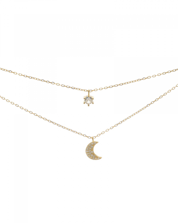 Collar Doble Luna y Circonita Oro