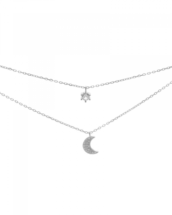 Collar Doble Luna y Circonita Plata