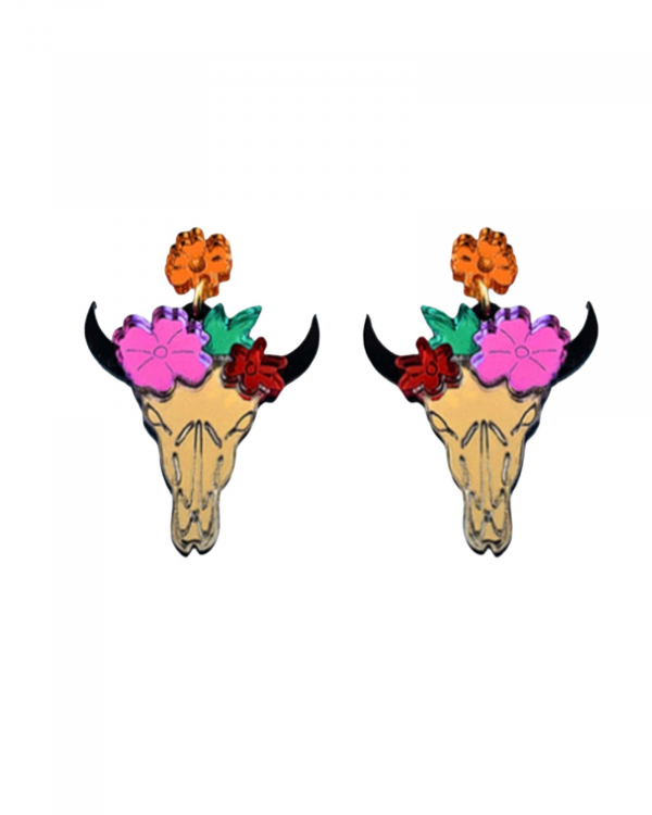 Pendientes Cráneo Búfalo Flores METACRILATO