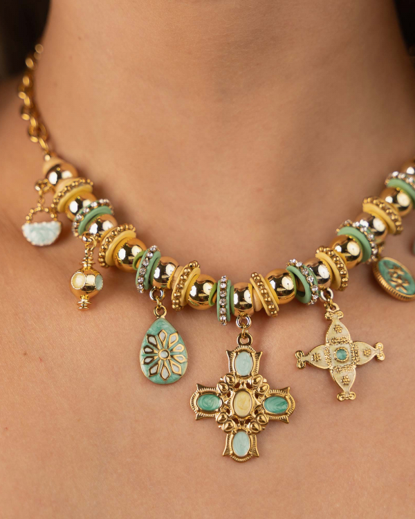 Collar Cruz Verde Limón Gold