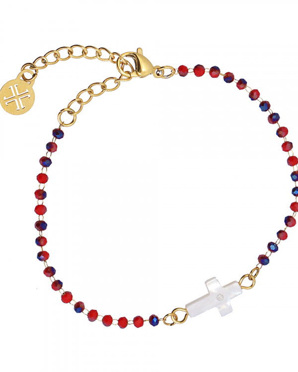 Pulsera Cruz Nácar Roja Gold