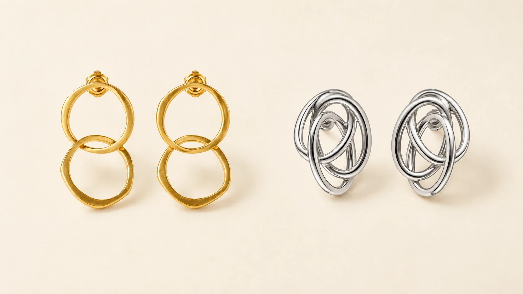 Pendientes Xago Gold y Lio Acero sobre fondo claro para combinar con gafas